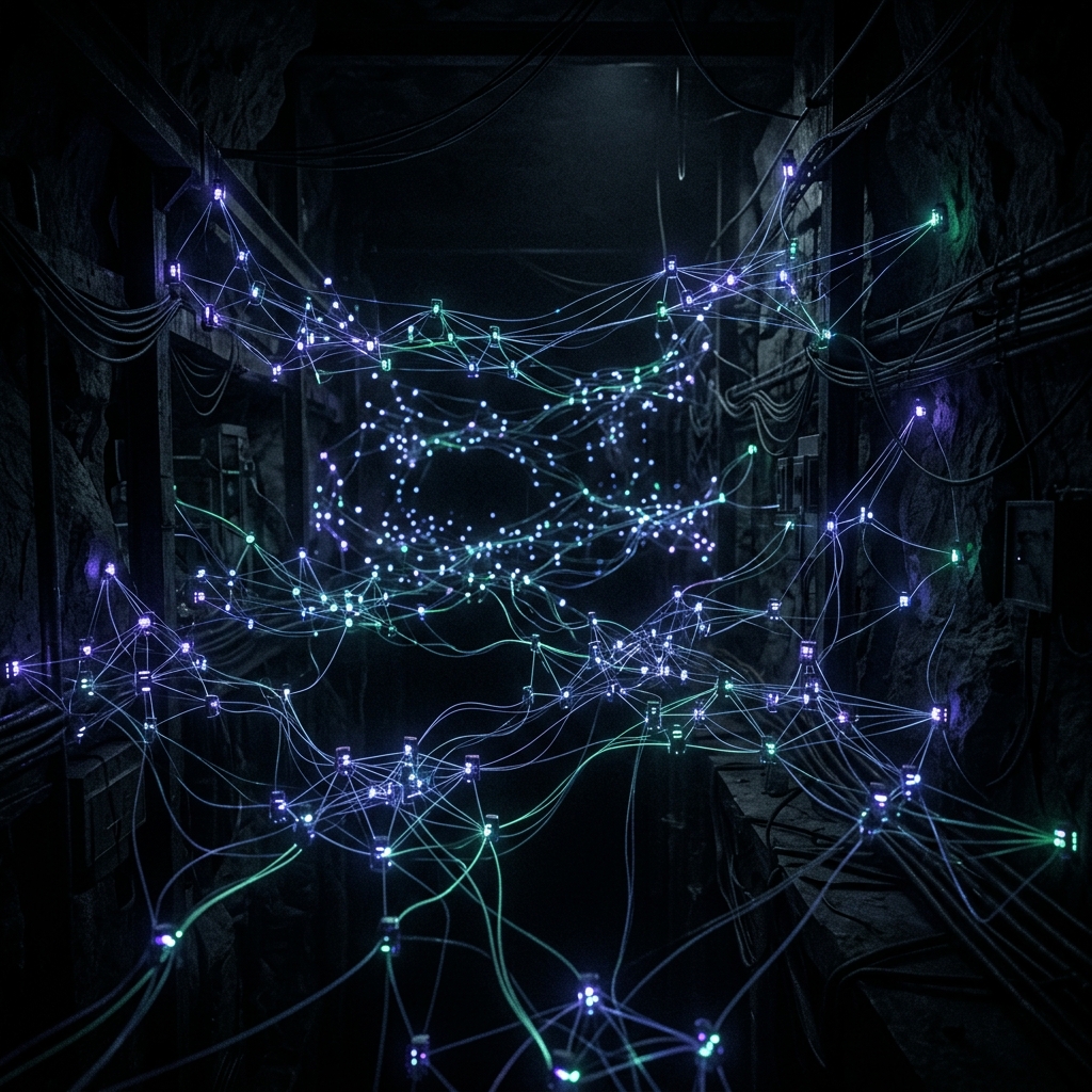 Abstract glowing mesh network representing decentralized security